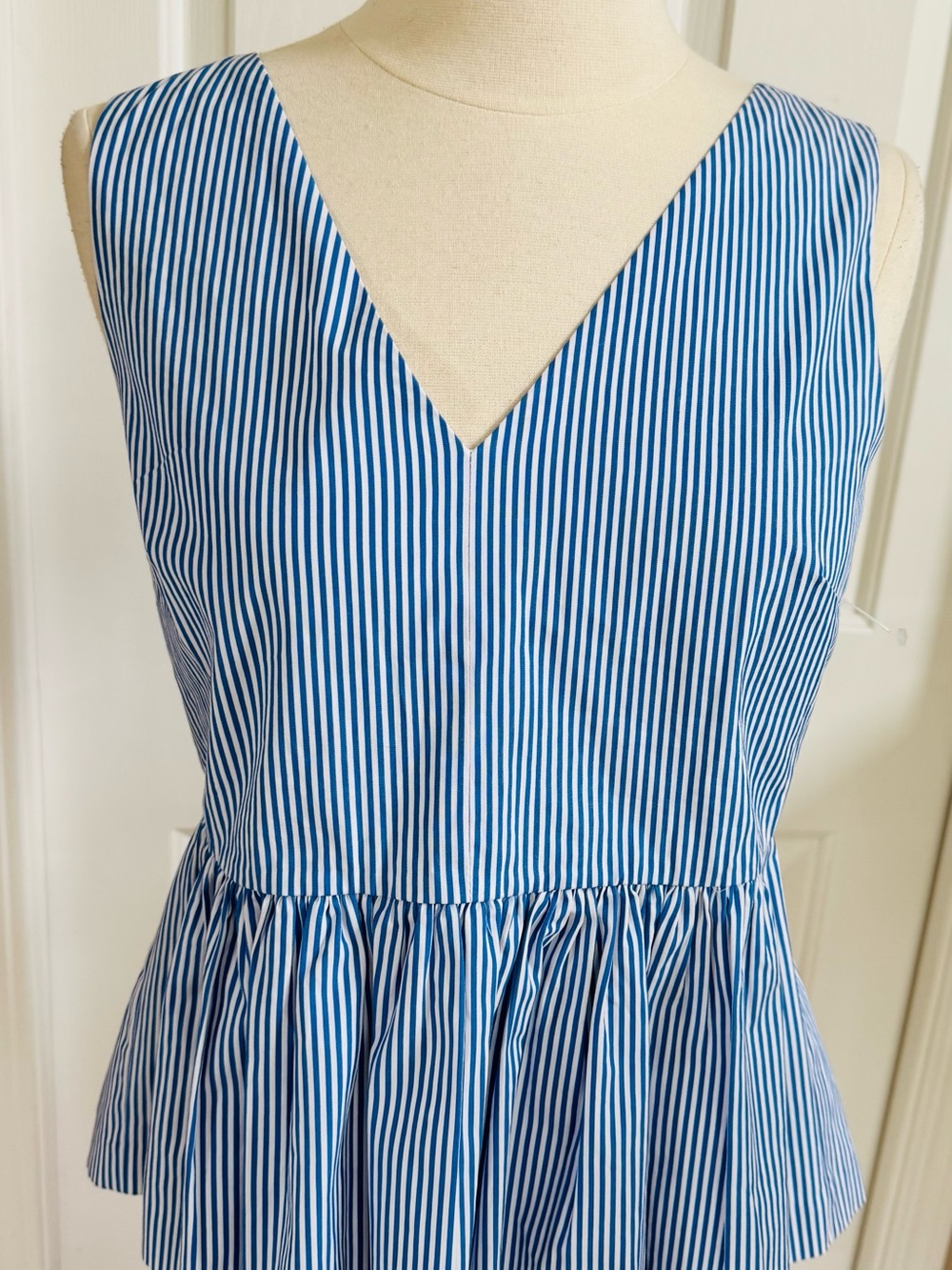 J. Crew Blue and White Striped V-Neck Peplum Top